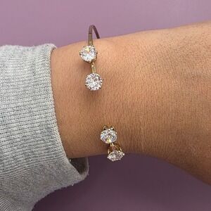 Gold Tone Open Cuff Bangle Bracelet Clear Round Cubic Zirconia Prong Set Minimal